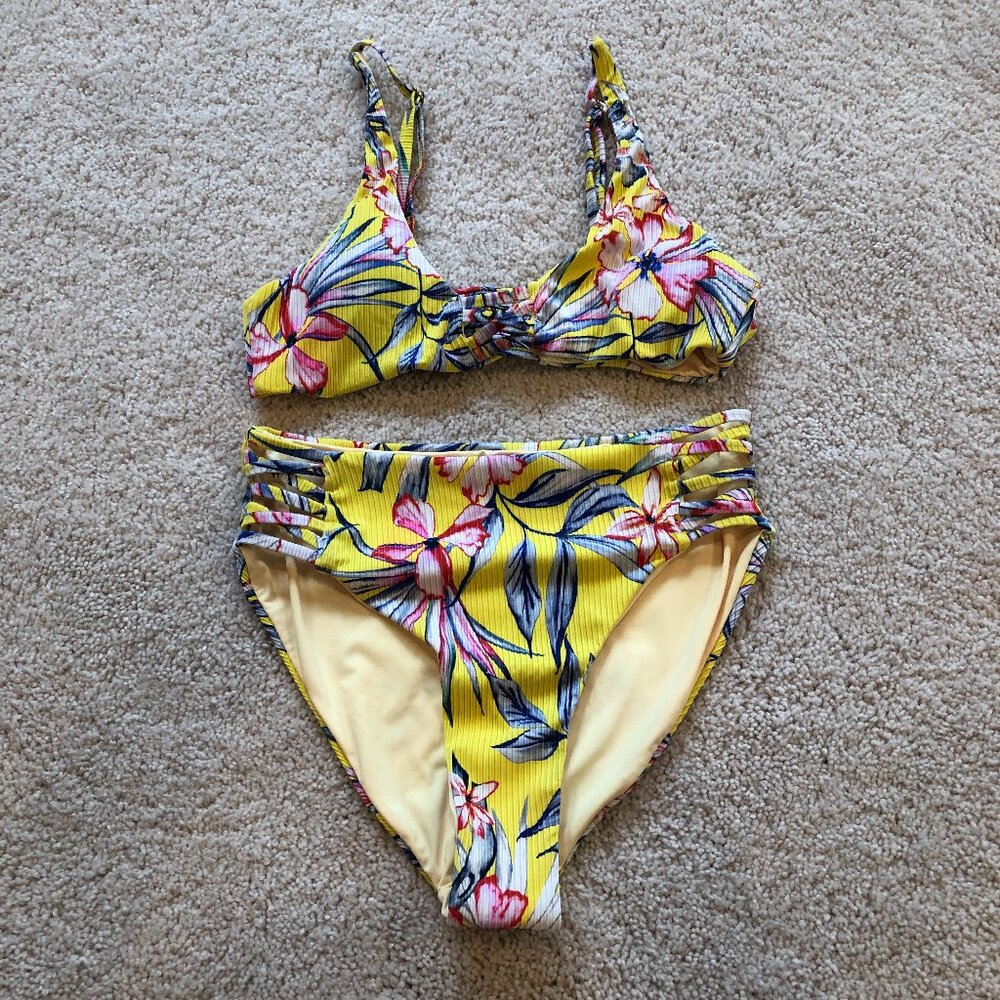 Women's Yellow Blue Floral Adjustabel Padded Top High Waisted Cheeky Bikini